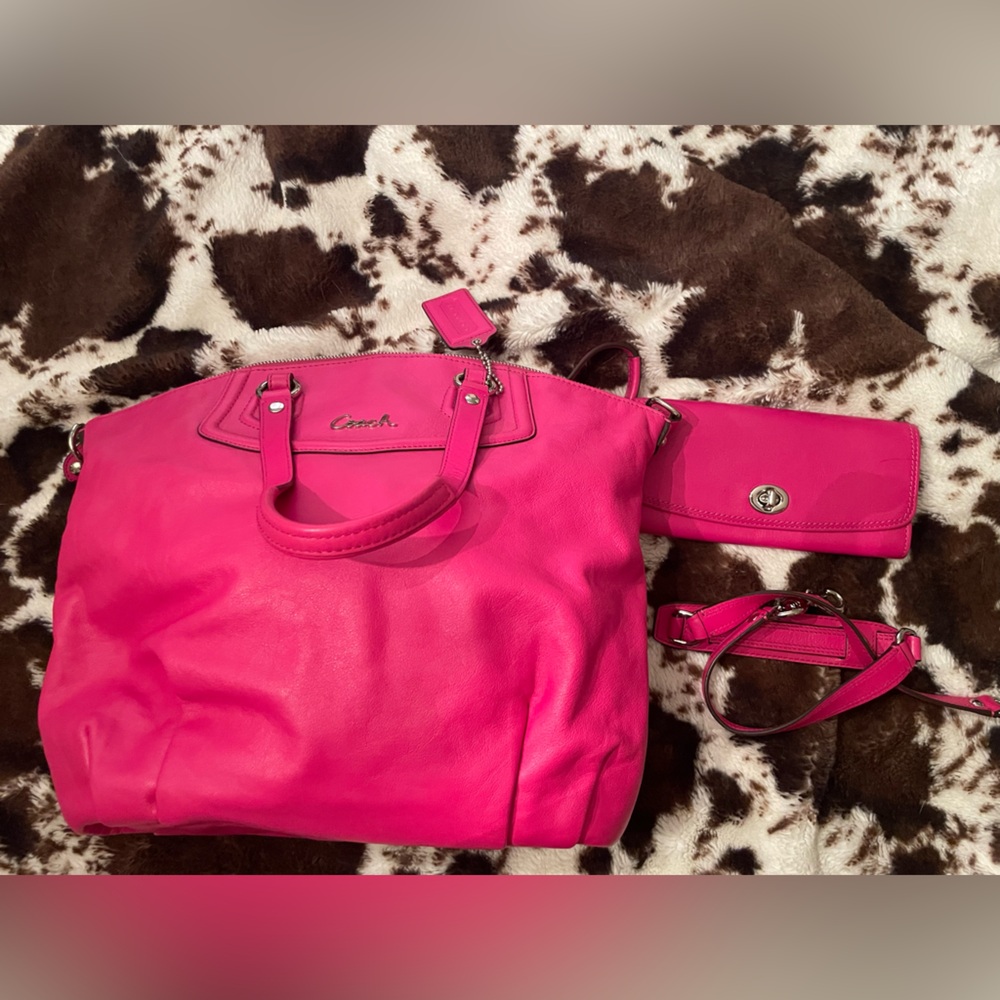 Coach Pink Shoulder Bag with Silver Hardware and wallet
